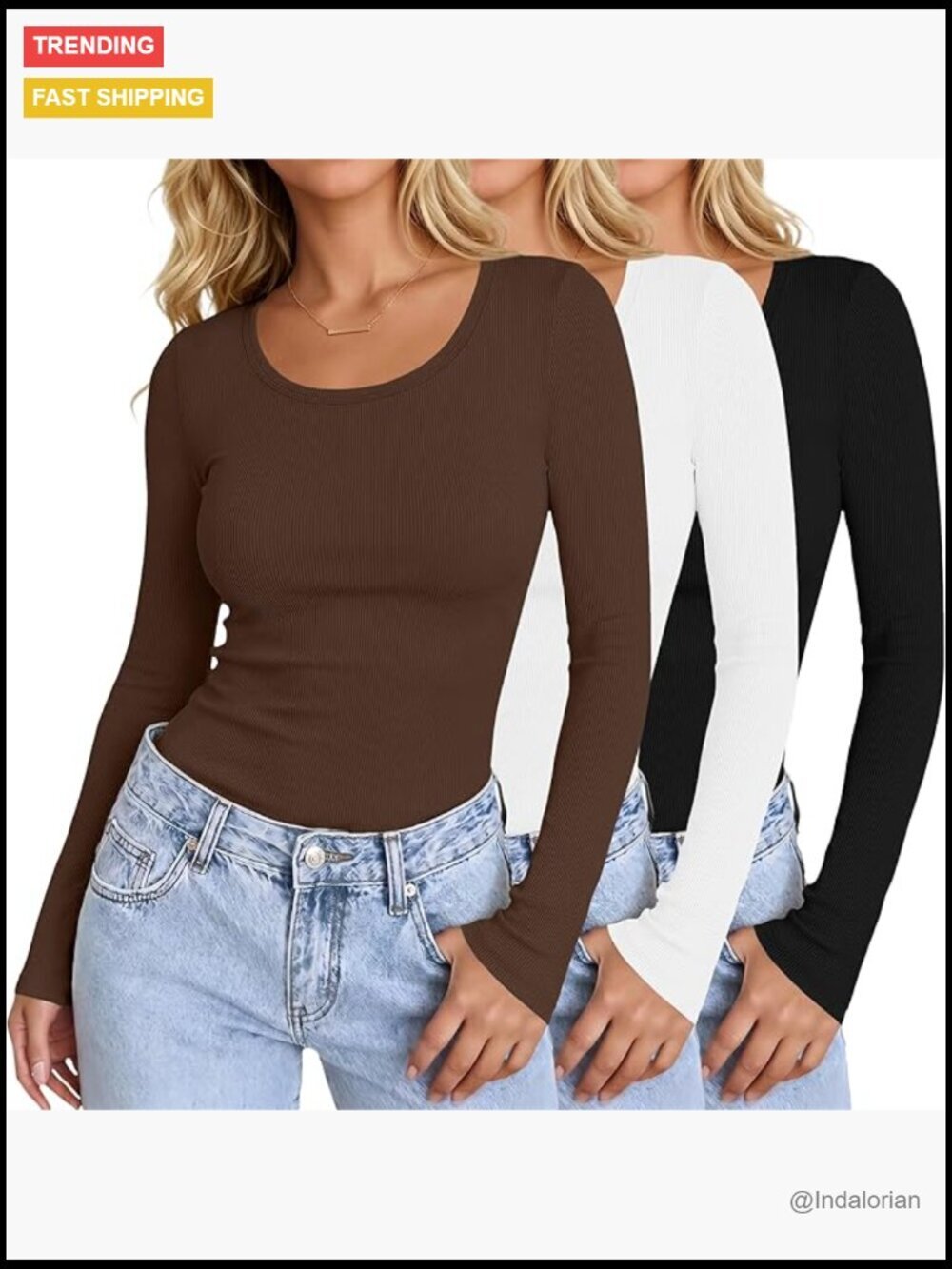 3 Pack Long Sleeve Scoop Neck Ribbed Fitted Tees Layering Undershirt